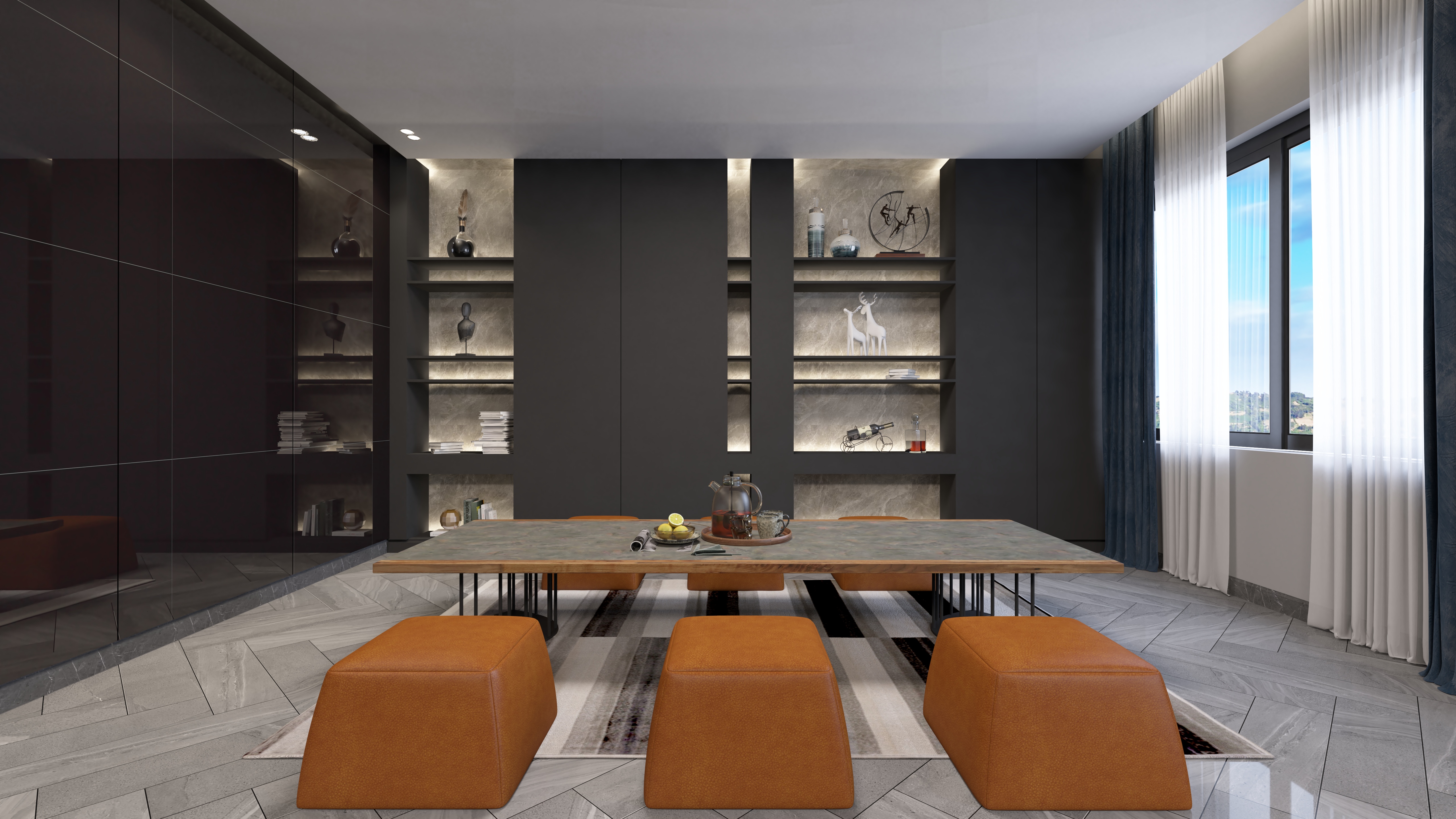 安哥拉灰餐边柜效果图，打造现代优雅餐厅氛围