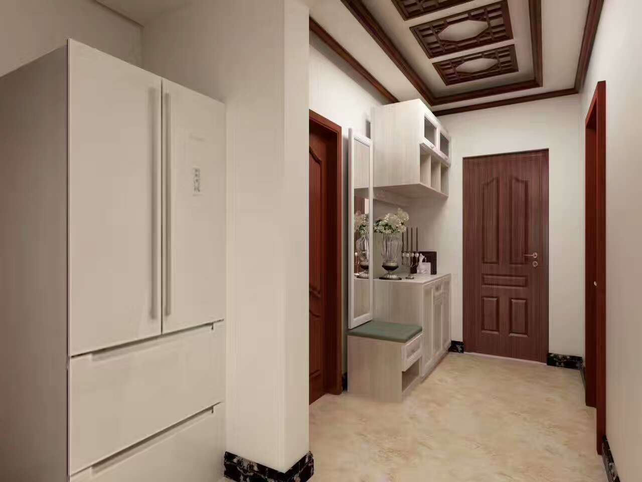 胡桃色木门与灰色柔光砖搭配的家装灵感