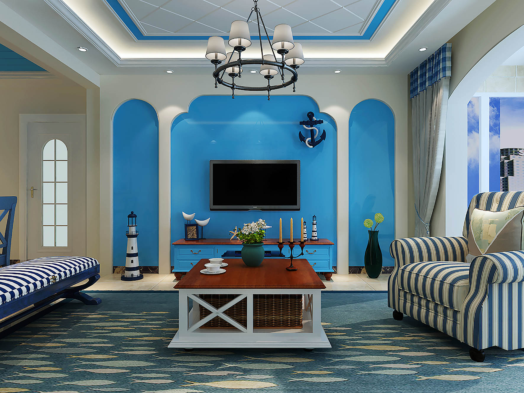 红色搭配天蓝色装修效果图赏析